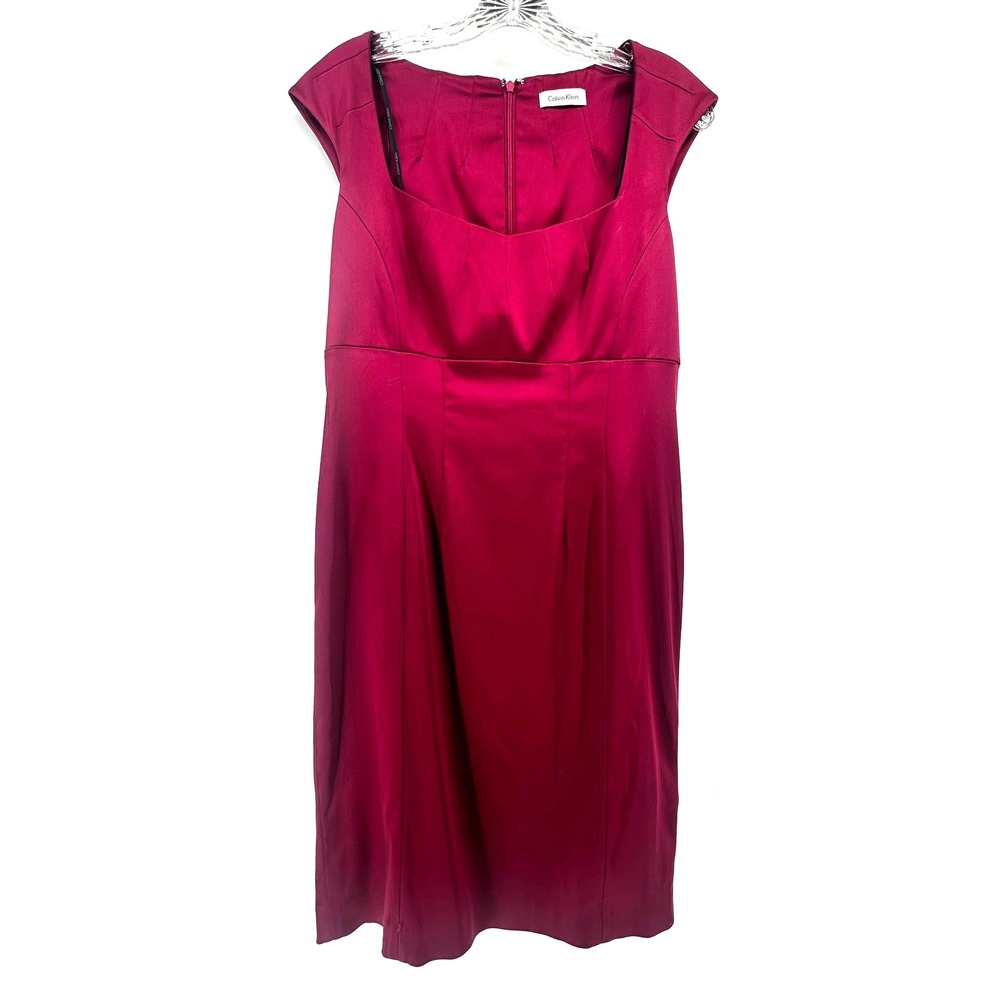 Calvin Klein Women Burgundy Cap Sleeve Square Neck Pleated Sheath Cocktail Dress